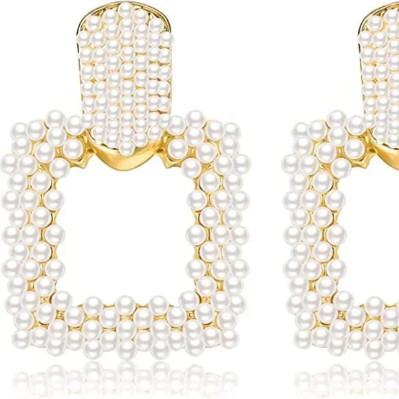 Women, Boho Faux Pearl Earrings Gold Dangle Stud Earrings Geometric Earrings